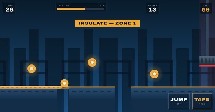 Roll Out game screen: a tape roll laying a strip across a gap, with score, tape meter and zone banner